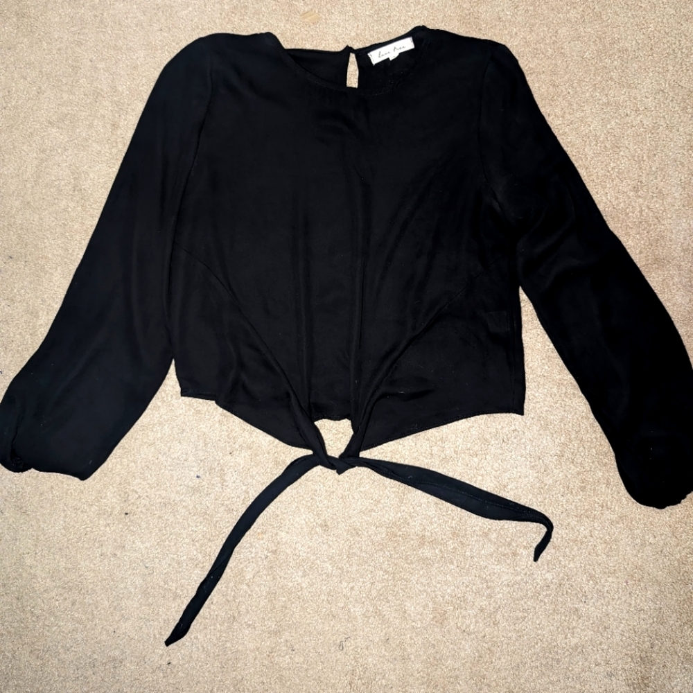 Women's Black Tie Front Crewneck Blouse Shirt
